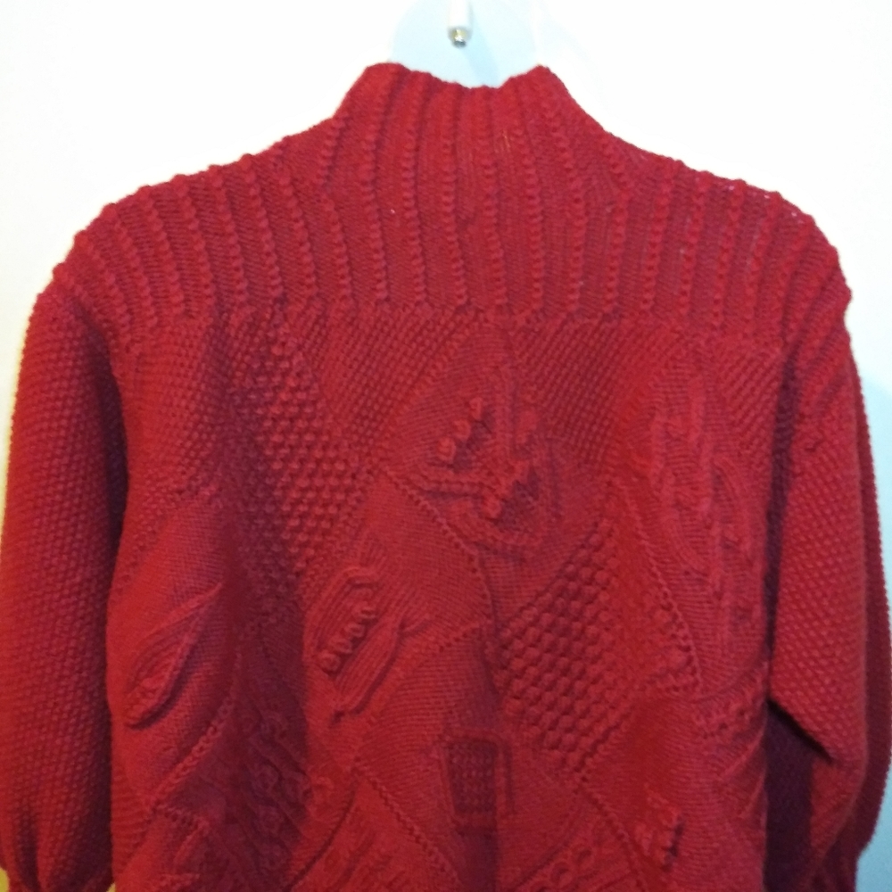3/$18 Vintage Cottagecore Style Handknit Red Multi-Patterned Wool Sweater - Picture 10 of 13